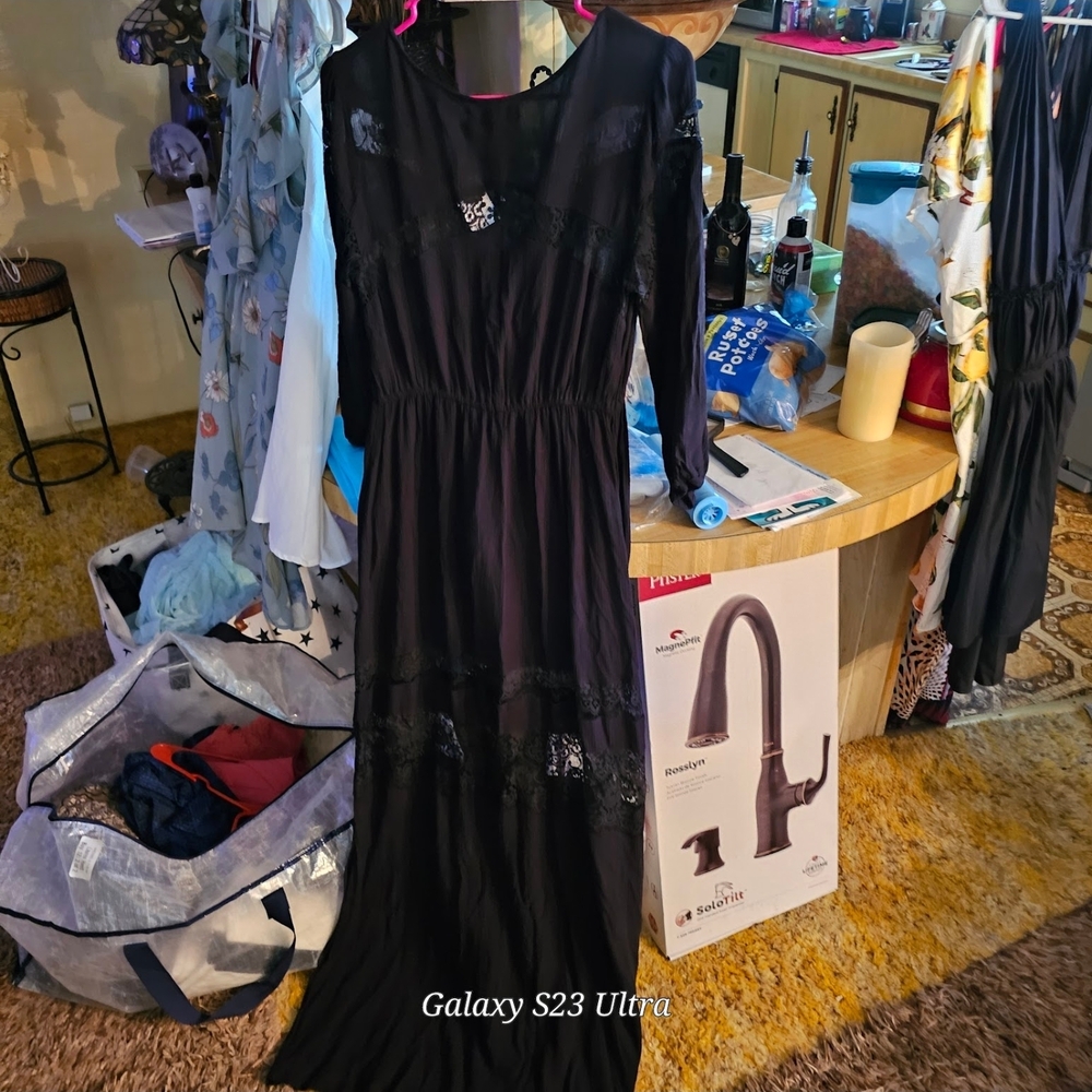 Women's Black Long Sleeve Maxi Dress with Lace Insets